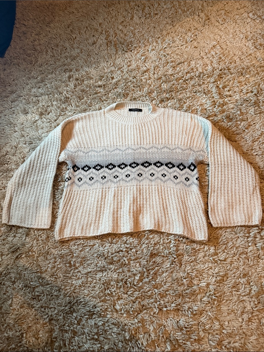 Trendyol Cream Ribbed Knit Fair Isle Sweater Crop Bell Sleeve Size Small